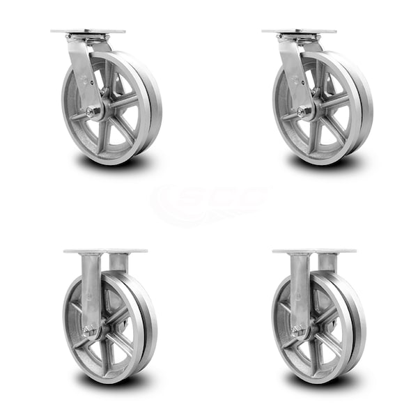 8 Inch V Groove Semi Steel Caster Set with Ball Bearings 2 Swivel 2 Rigid SCC
